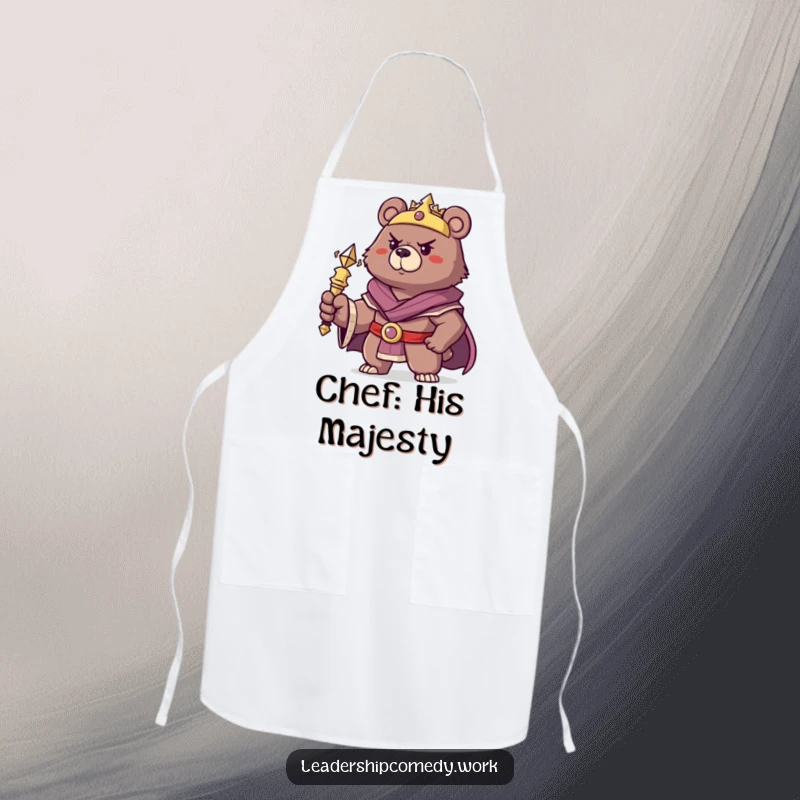 Funny bear king apron, holding a scepter, perfect for humorous and commanding chefs.
