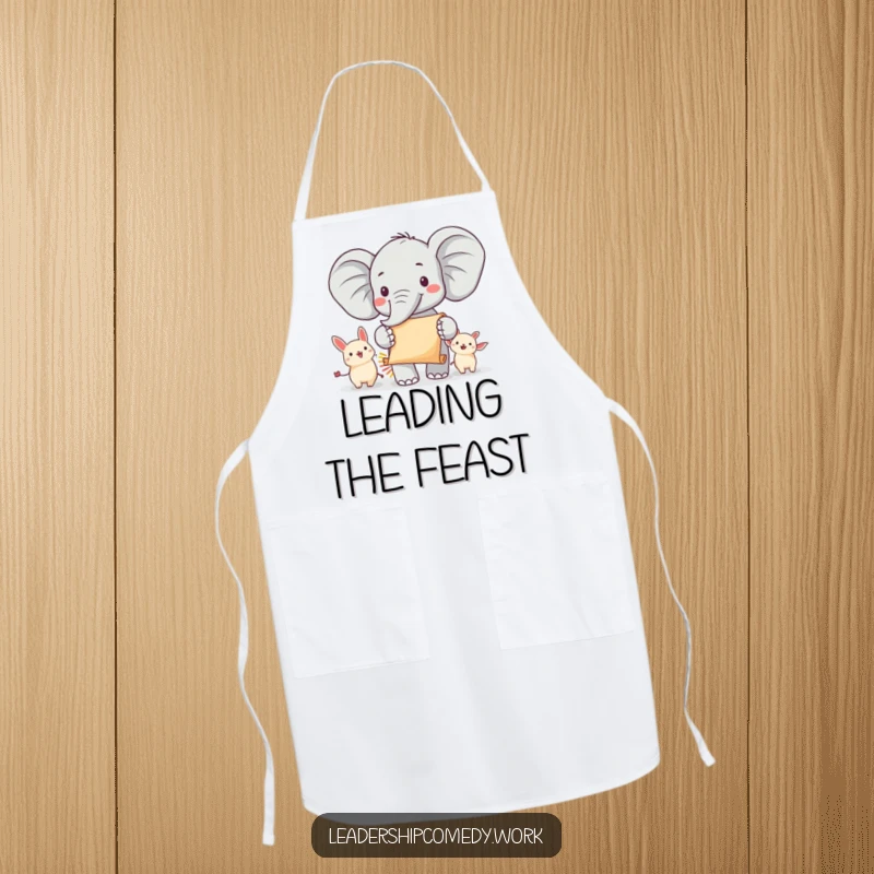 Funny elephant parade apron depicting a cheerful elephant leading animals with a scroll, adding leadership and humor to kitchen duties, a practical funny gift.