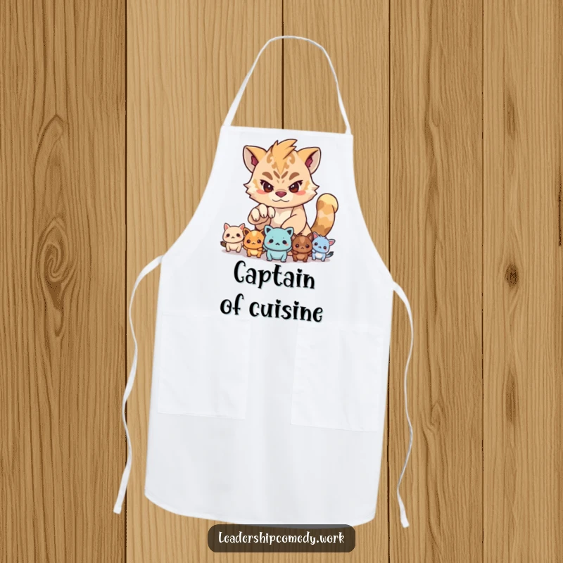 Funny apron showing a determined creature guiding smaller creatures with its paw, perfect for the leader who loves to cook.