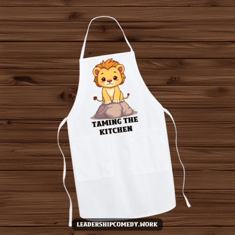 Funny lion cub apron depicting a determined cub standing tall, adding courageous spirit and playful humor to kitchen duties, a practical funny gift.