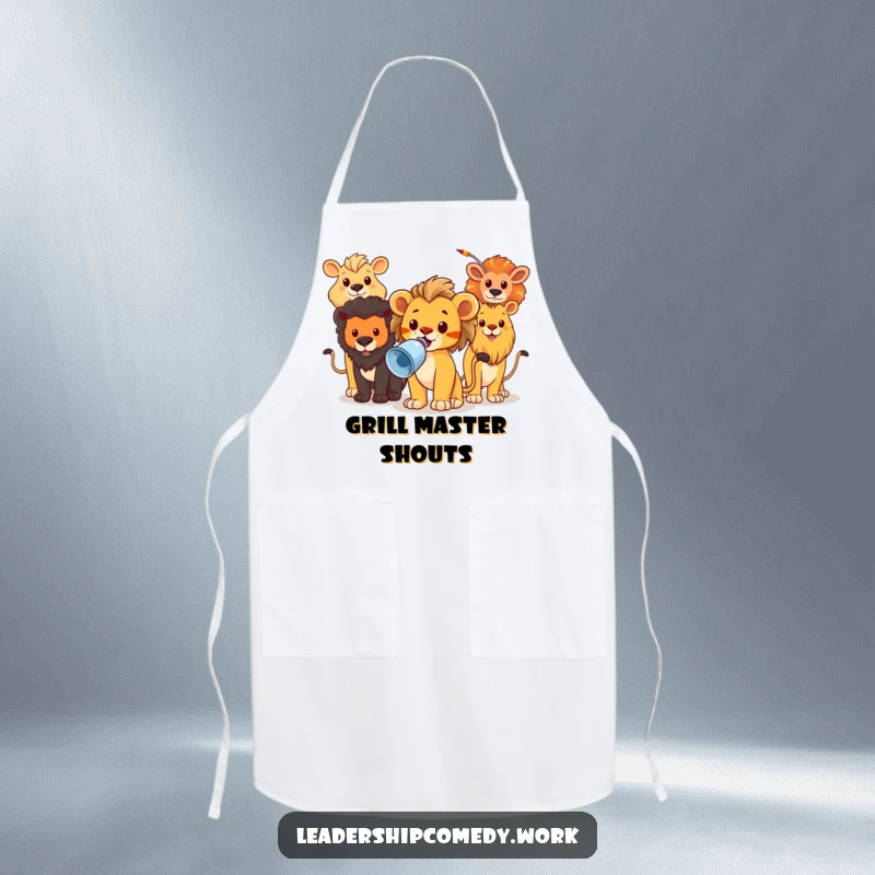 Funny apron featuring a brave lion cub leading animals with a megaphone, ideal for kitchen duty and protection.