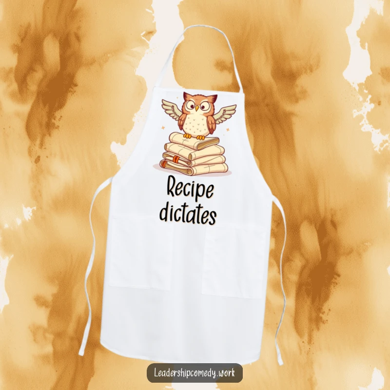 Funny apron featuring a wise owl perched on scrolls, hooting directives, ideal for kitchen duty and protection.