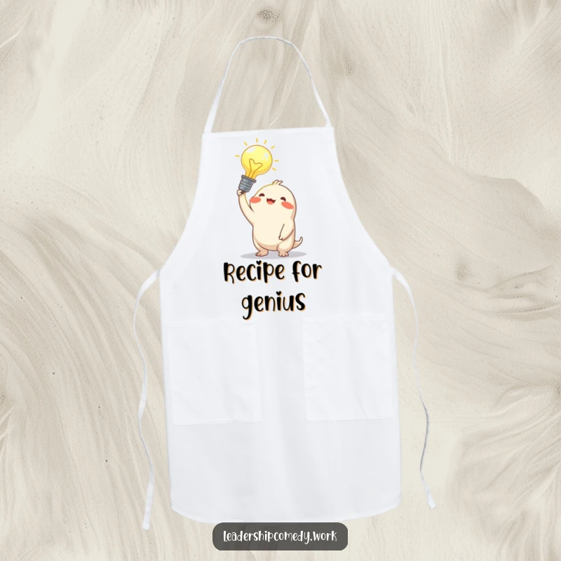 Funny apron with a joyful creature holding a glowing idea bulb, perfect for the creative cook or baker.