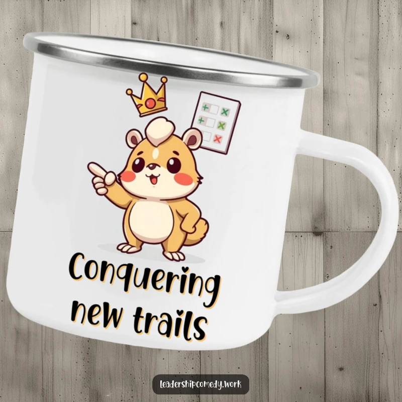 Funny camping mug: A crowned creature determinedly points at a floating chart, ideal for outdoor planners and leaders.