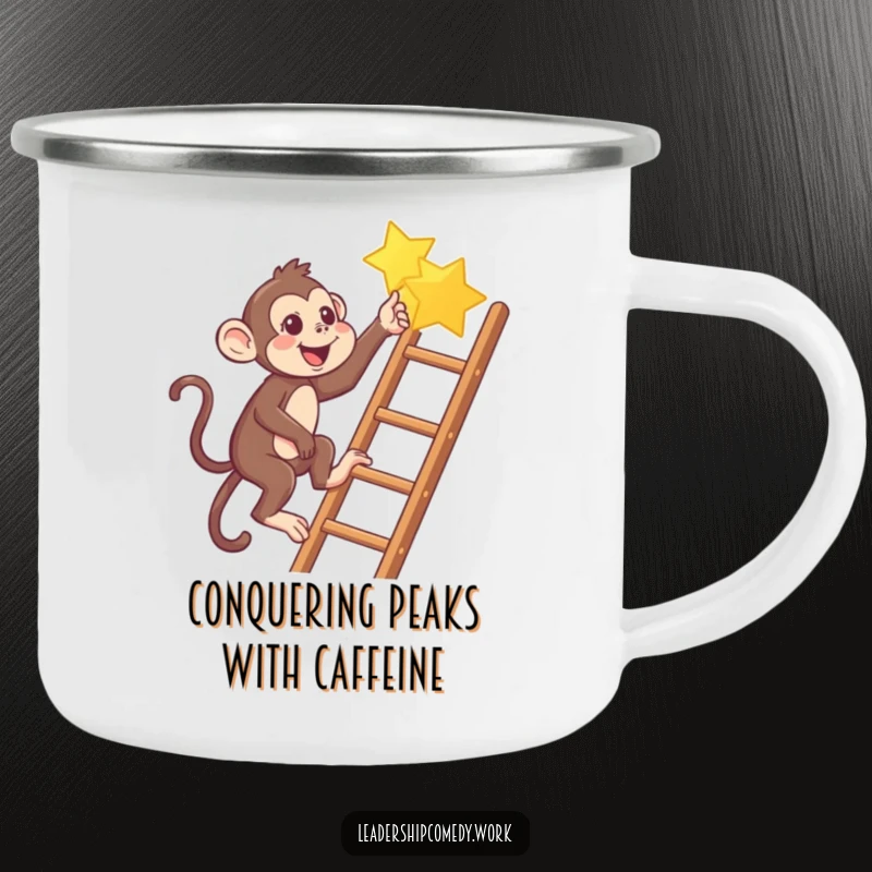 Funny Monkey climbing ladder camping mug, pointing to a star, for humorous outdoor adventures.