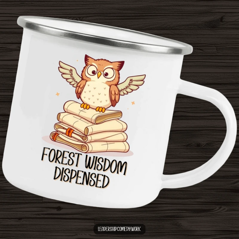 Funny camping mug featuring a wise owl perched on scrolls, durable for outdoor learning and wisdom sharing.