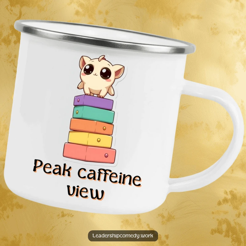 Funny camping mug showing a creature with big, curious eyes on a block tower, ready for outdoor adventures and hot beverages.