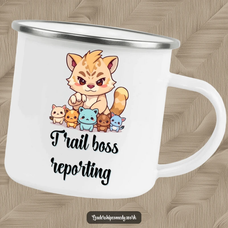 Funny camping mug showing a determined creature guiding smaller creatures with its paw, perfect for leaders who love the outdoors.