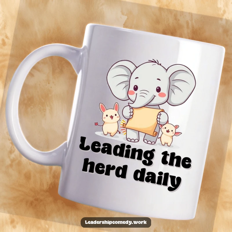 Funny elephant mug with a cheerful elephant leading small animals with a scroll, a symbol of joyful leadership and a great funny gift.