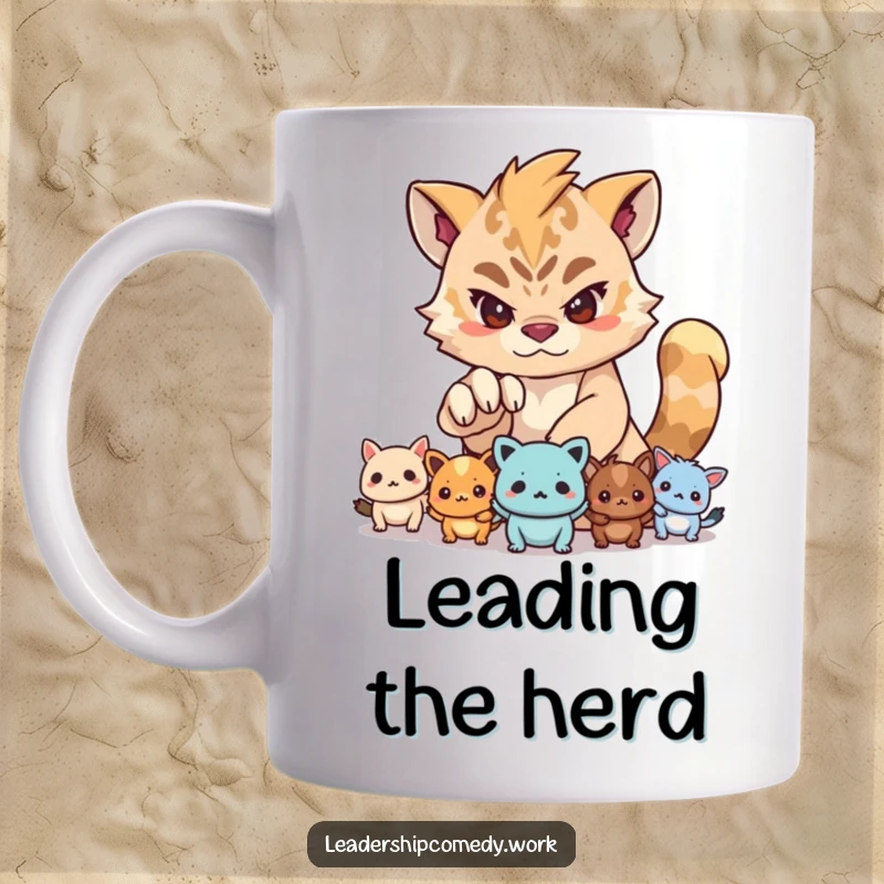 Funny mug showing a creature with a determined expression guiding smaller creatures with its paw, radiating leadership and encouragement.