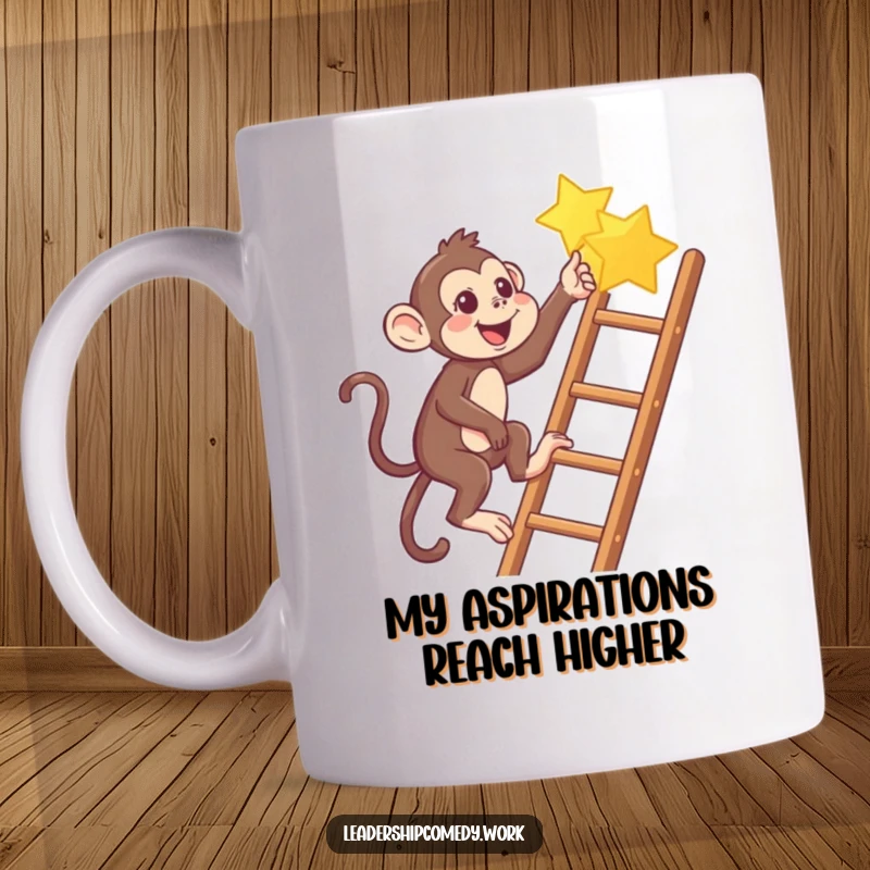 Funny Monkey Climbing Ladder Mug, pointing enthusiastically to a bright star, inspiring ambition and laughter.