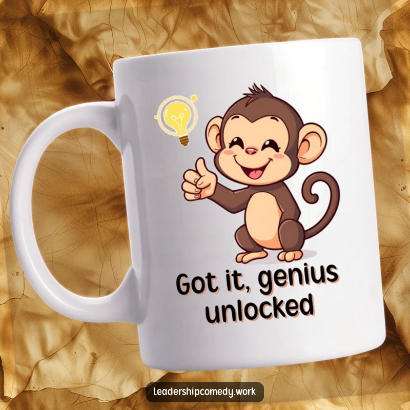 Funny monkey mug with a glowing idea bubble, showing enthusiasm and intelligence. Perfect for a quirky, clever gift idea.