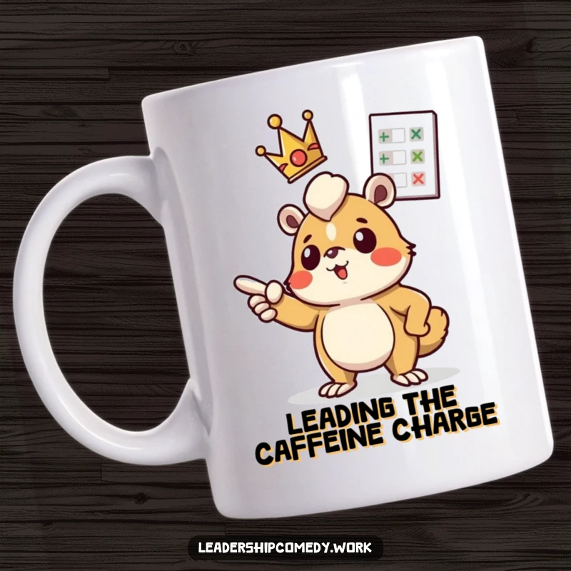 Funny mug: A determined creature with a tiny crown points enthusiastically at a floating chart, symbolizing ambition and progress.