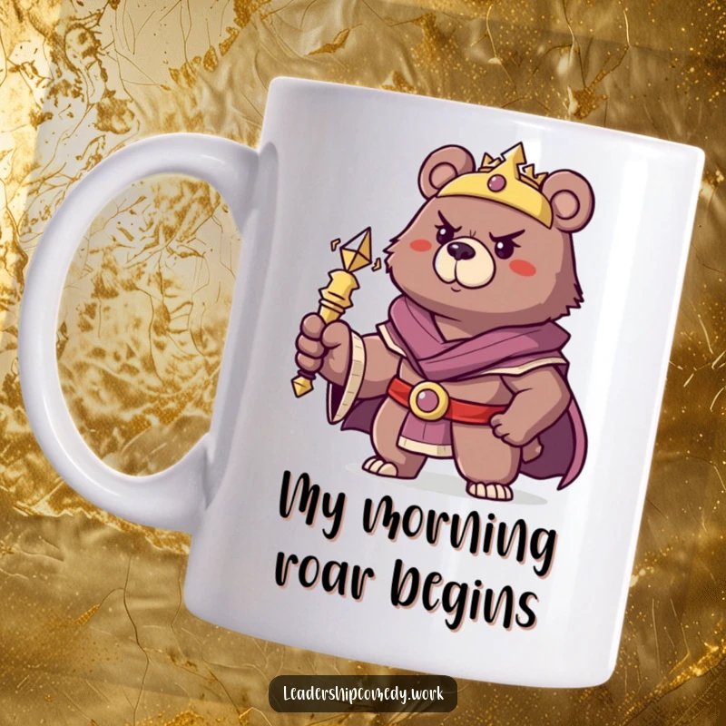 Funny determined bear holding a scepter, in a confident regal stance, a humorous king.
