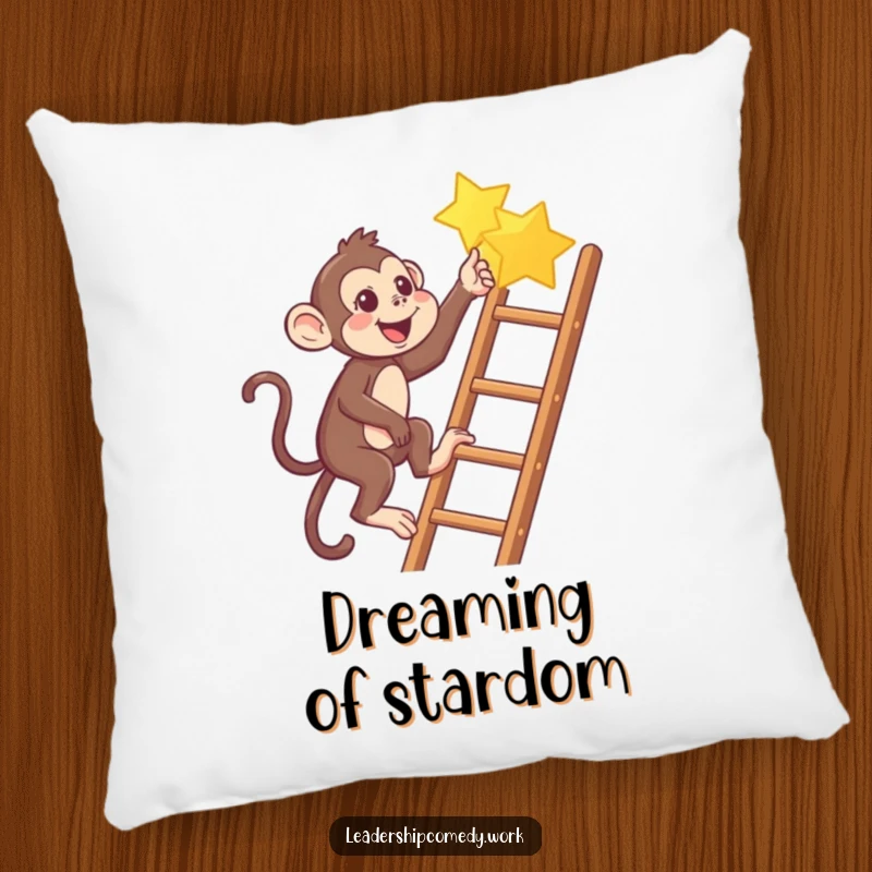 Funny Monkey climbing ladder pillow, pointing to a star, soft and humorous home decor.