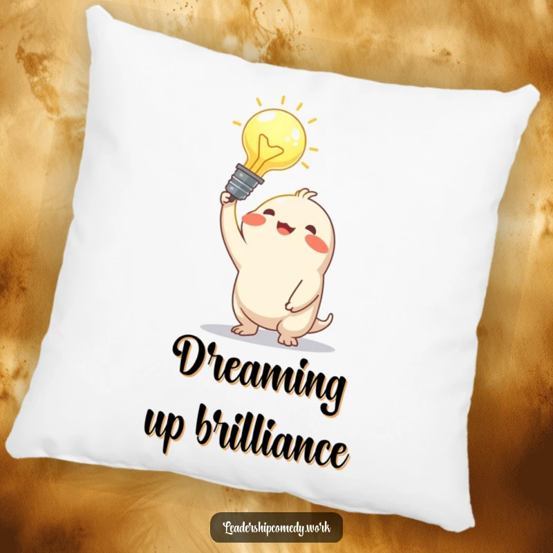 Funny pillow with a joyful creature holding a glowing idea bulb, offering comfort and stimulating creative thoughts.