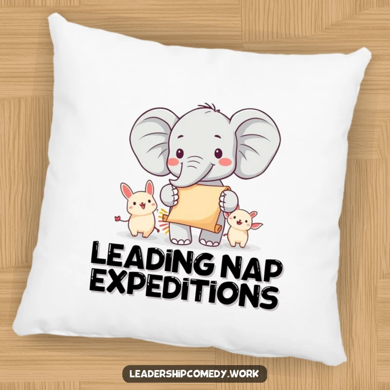 Funny elephant parade pillow featuring a cheerful elephant leading animals with a scroll, providing cozy comfort and inspiring humor, an adorable funny gift.
