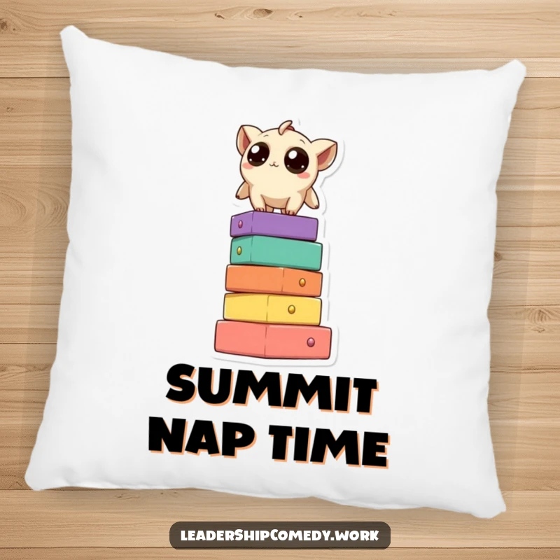 Funny pillow featuring a creature with large, curious eyes atop a vibrant stack of colorful blocks, offering whimsical comfort and humor.