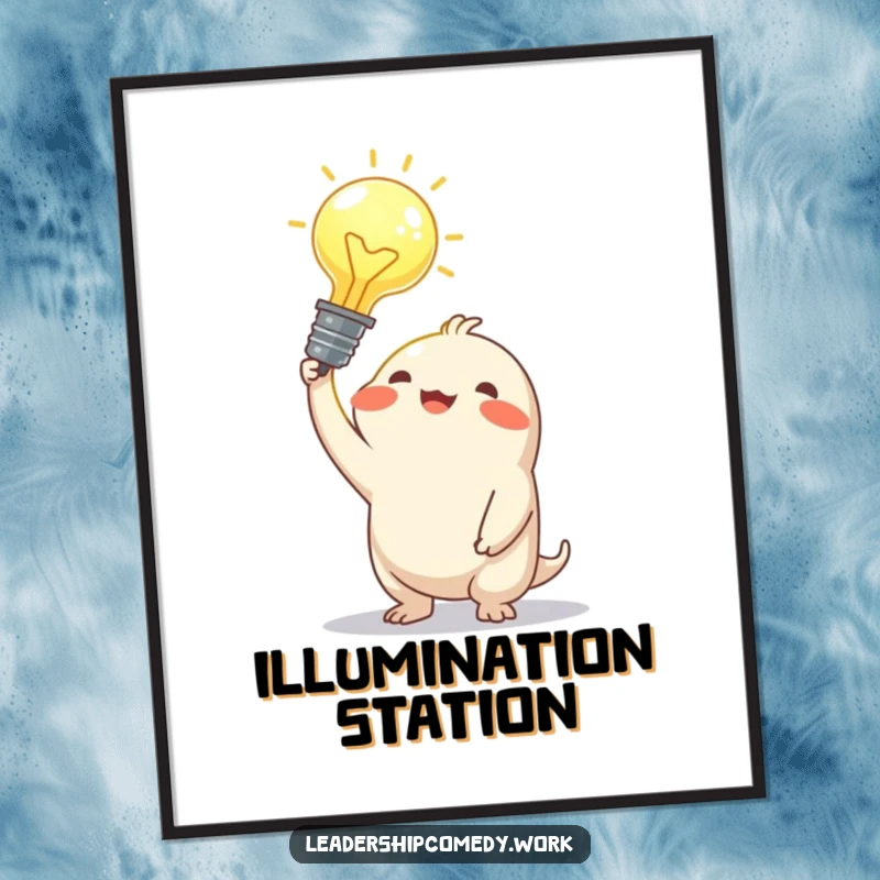 Funny digital art print of a joyful creature holding a large, glowing idea bulb, representing inspiration and creativity.