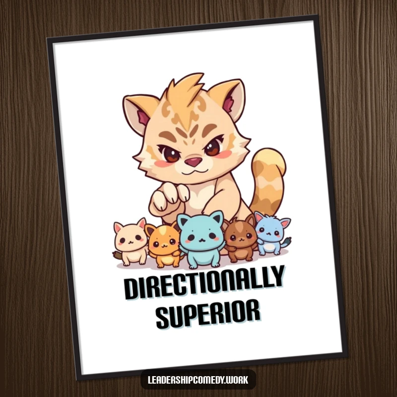 Funny digital art print of a creature with a determined expression guiding others with its paw, symbolizing leadership and encouragement.