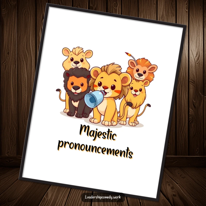 Funny digital art print of a brave lion cub leading animals with a megaphone, perfect for instant wall decor and motivational vibes.