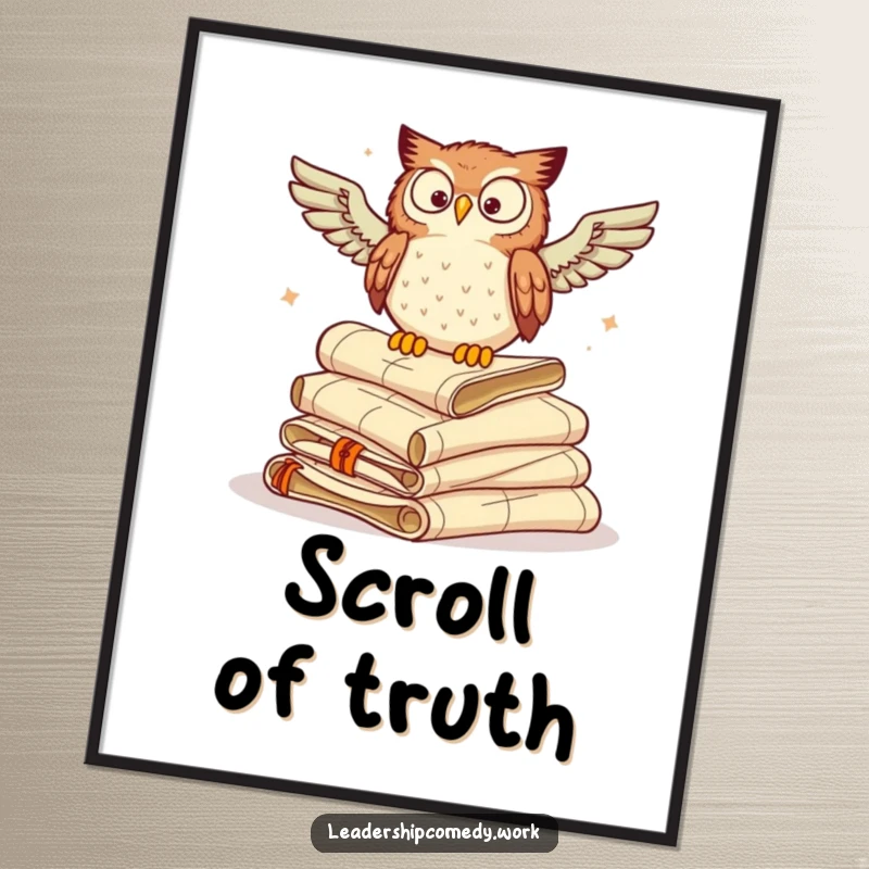 Funny digital art print of a wise owl perched on scrolls, perfect for instant wall decor and intellectual vibes.