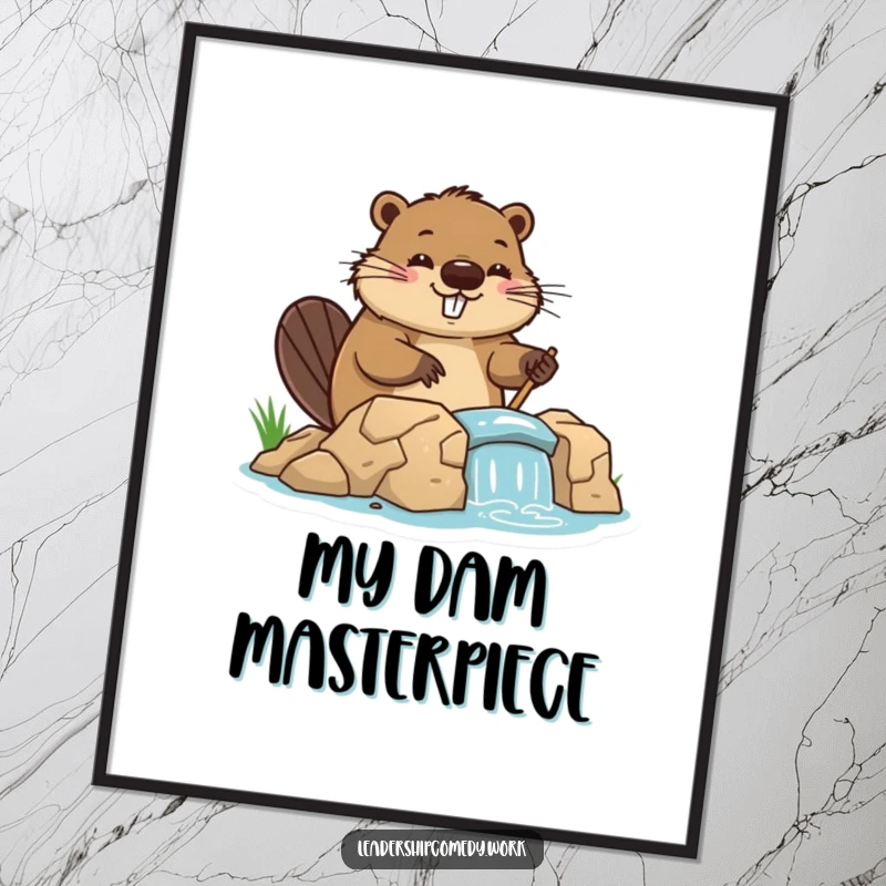 Funny beaver digital art print, cheerfully directing dam construction, symbolizing productivity and joy. Instant, humorous decor.
