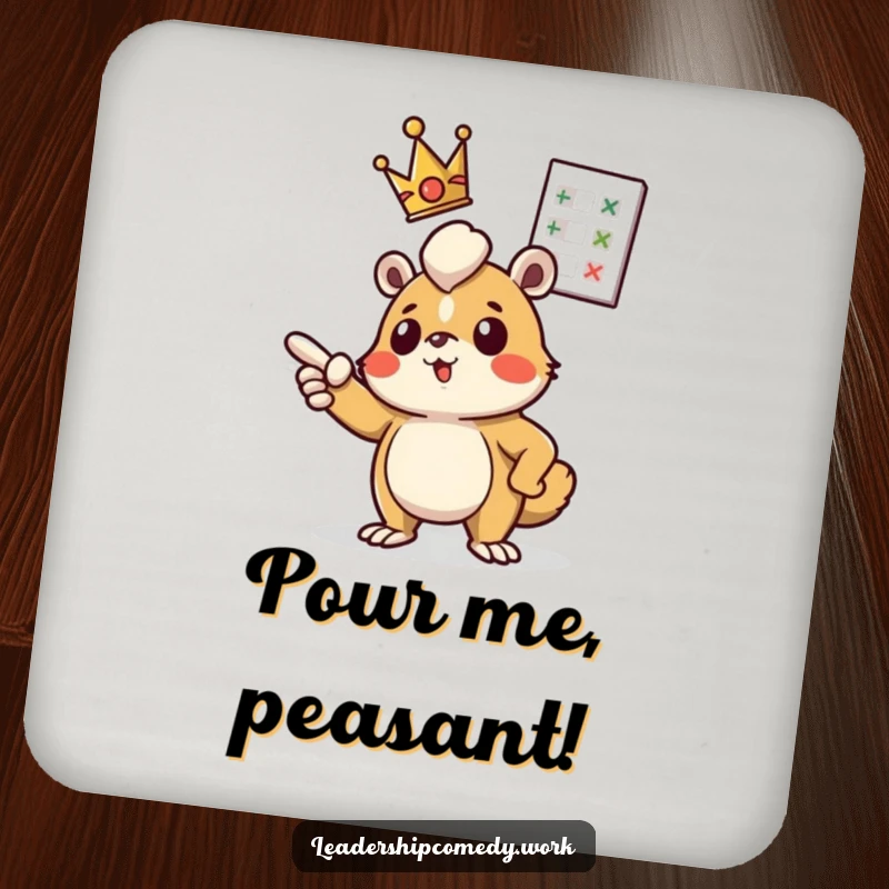 Funny drink coaster: A crowned creature determinedly points at a floating chart, adding motivational humor to tabletops.