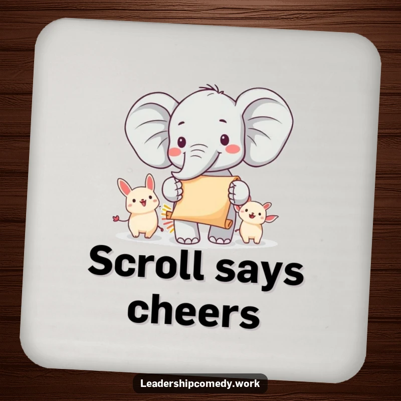 Funny elephant parade coasters featuring a cheerful elephant leading animals with a scroll, protecting surfaces with joyful leadership and humor, a stylish funny gift set.