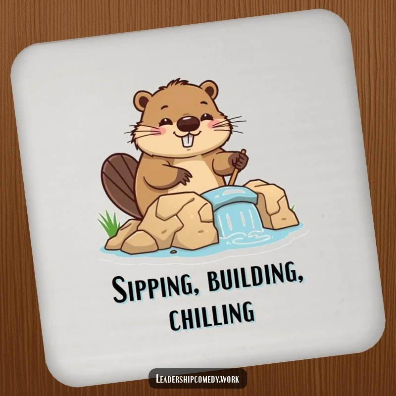 Funny beaver drink coaster, directing dam construction, adding humor and surface protection. A small, witty accessory.