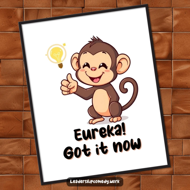 Funny monkey poster, pointing to a glowing idea bubble, a motivational and humorous wall art piece. Great for gifting.