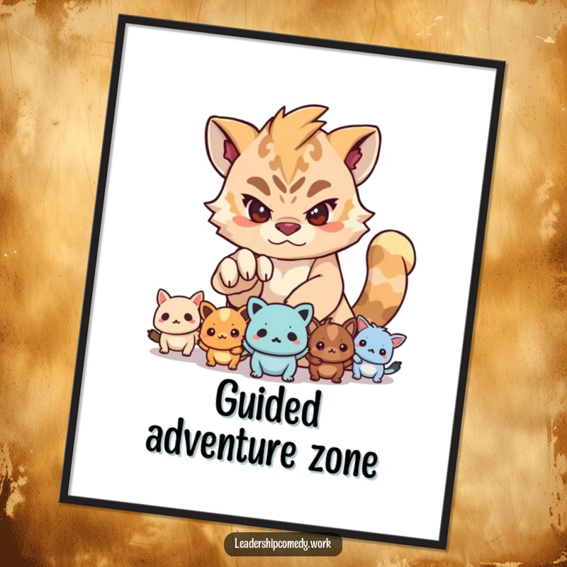 Funny poster showing a creature with a determined gaze guiding smaller creatures with its paw, exuding strength and encouragement visually.