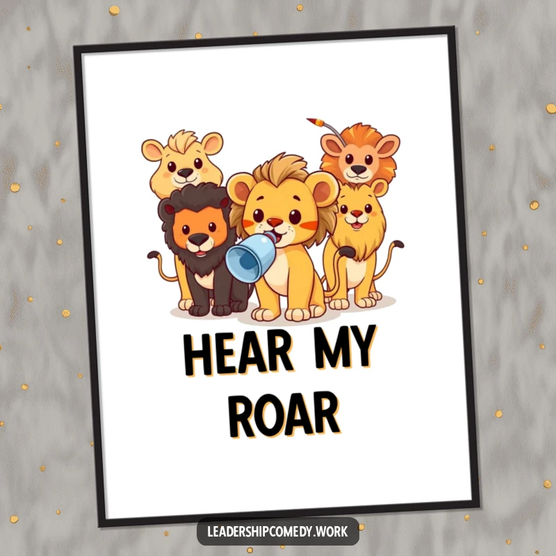 Funny poster art of a brave lion cub leading a diverse group of animals with a megaphone, exuding confidence.