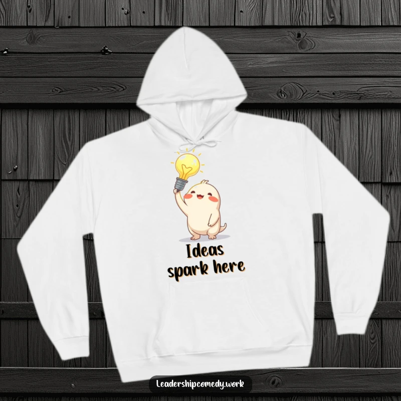 Funny hoodie showing a joyful creature holding a glowing idea bulb, perfect for expressing creativity and staying warm.