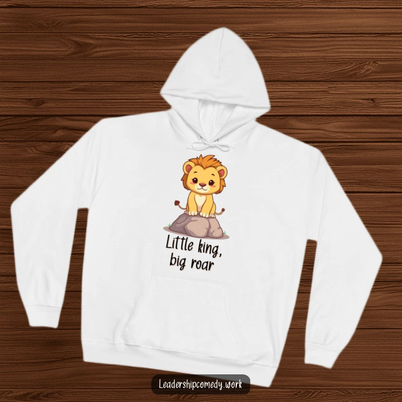 Funny lion cub hoodie depicting a determined cub with puffed chest, offering cozy comfort and a symbol of inner strength, a warm funny gift.