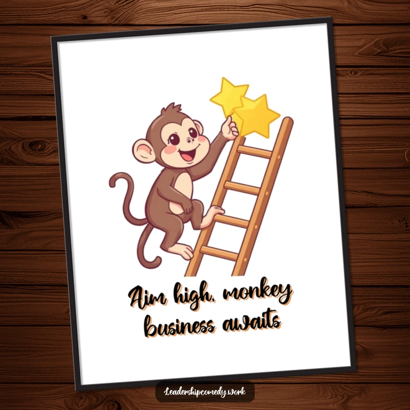 Funny Free Printable Monkey Wall Art: A playful monkey climbing a ladder, reaching for a star, bringing humor to decor.
