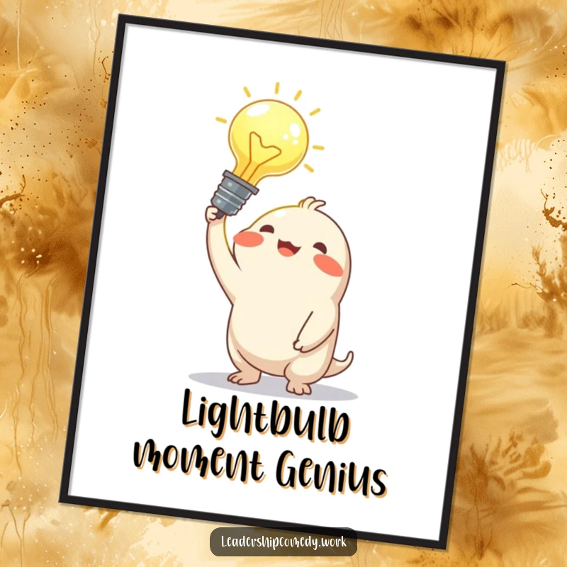 Funny Free Printable Wall Art: Creature with a joyful expression holding a large, glowing idea bulb above its head.
