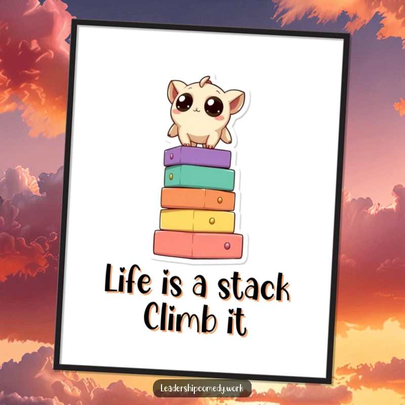 Funny Free Printable Wall Art: Curious creature standing tall on a colorful block tower, surveying its surroundings.