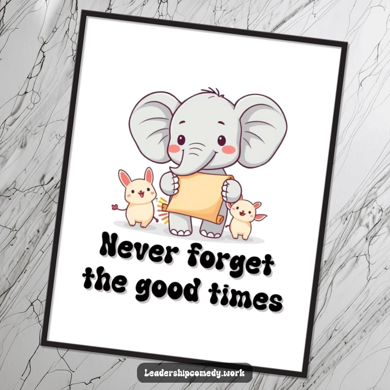 Funny Free Printable Wall Art: A cheerful elephant holds a scroll, leading a procession of small, happy animals.