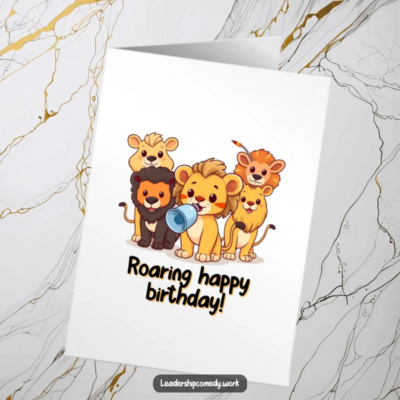 Funny Free Printable Birthday Card: Brave lion cub confidently leading a cheerful animal parade with a megaphone, announcing birthday wishes.