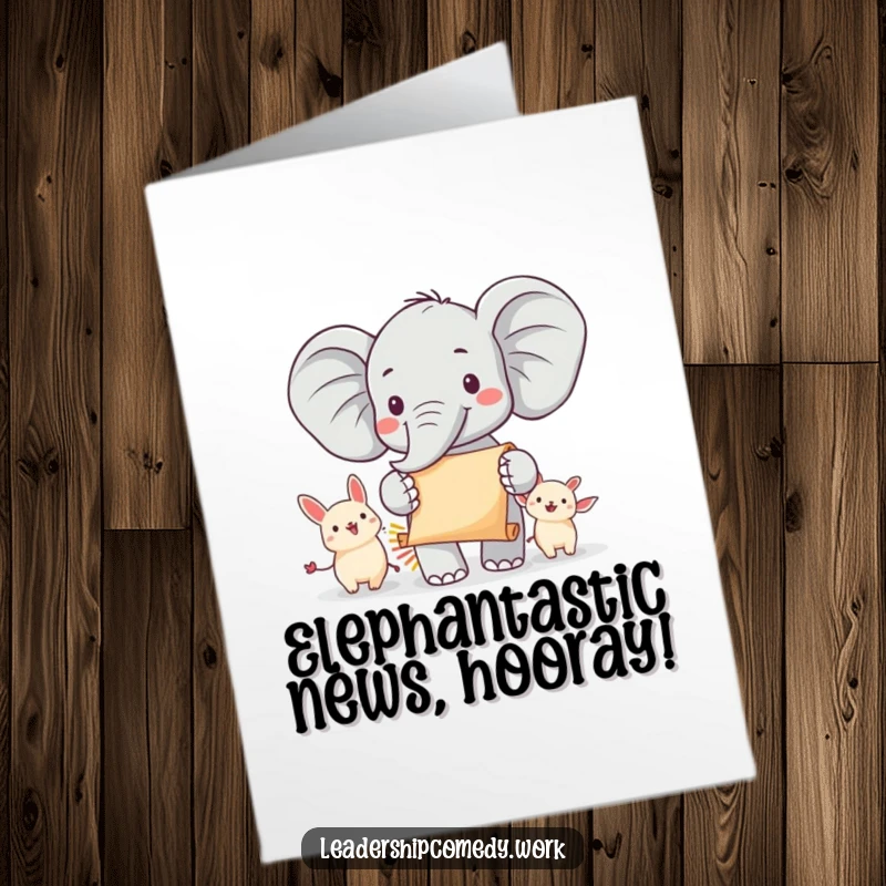 Funny Free Printable Congrats Card: A cheerful elephant holds a scroll, announcing congratulations to smaller, happy animals.