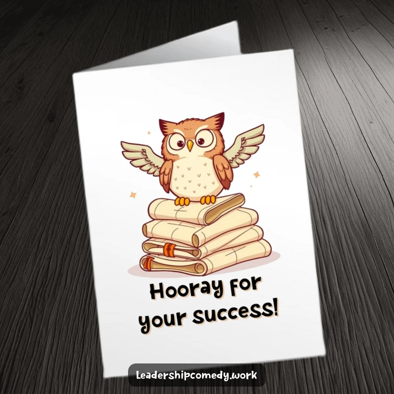 Funny Free Printable Congratulations Card: Wise owl atop scrolls, hooting congratulations with an air of learned authority and joy.