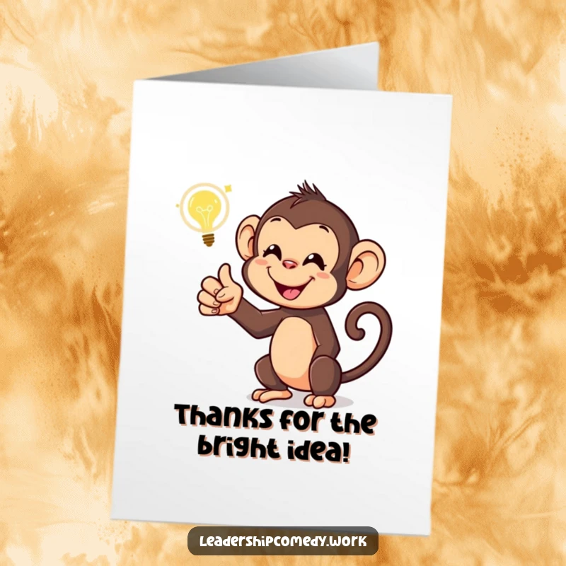 Funny Free Printable Thank You Card: Monkey pointing at idea bubble, expressing gratitude, downloadable gift.