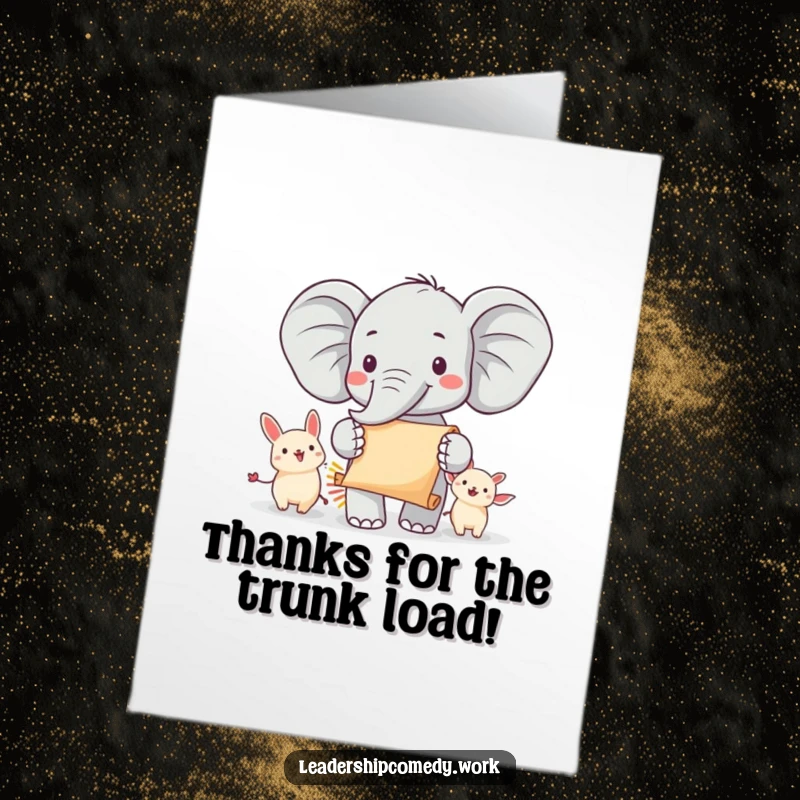 Funny Free Printable Thank You Card: A cheerful elephant carries a scroll, leading animals in a thankful procession.