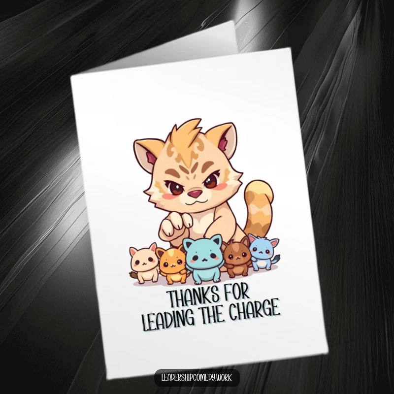 Funny Free Printable Thank You Card: Determined creature leading others, paw extended in a guiding gesture of thanks.
