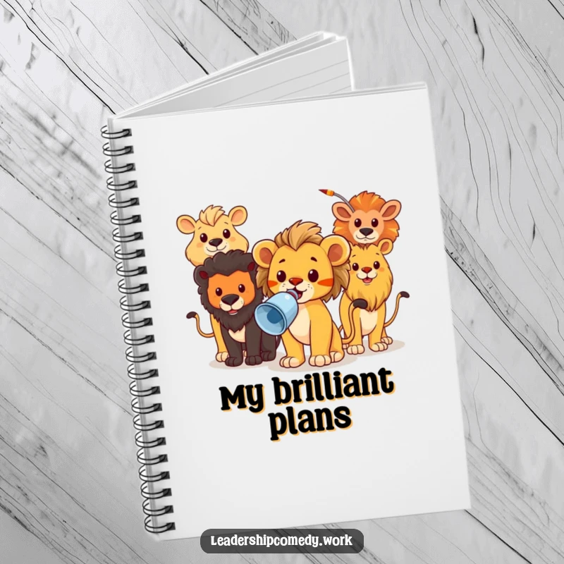 Funny notebook with a brave lion cub leading animals with a megaphone, great for jotting down plans and commands.