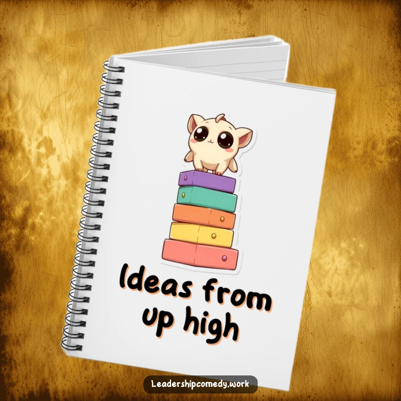 Funny notebook adorned with a creature with large, curious eyes standing on a stack of colorful blocks, inspiring imaginative writing.