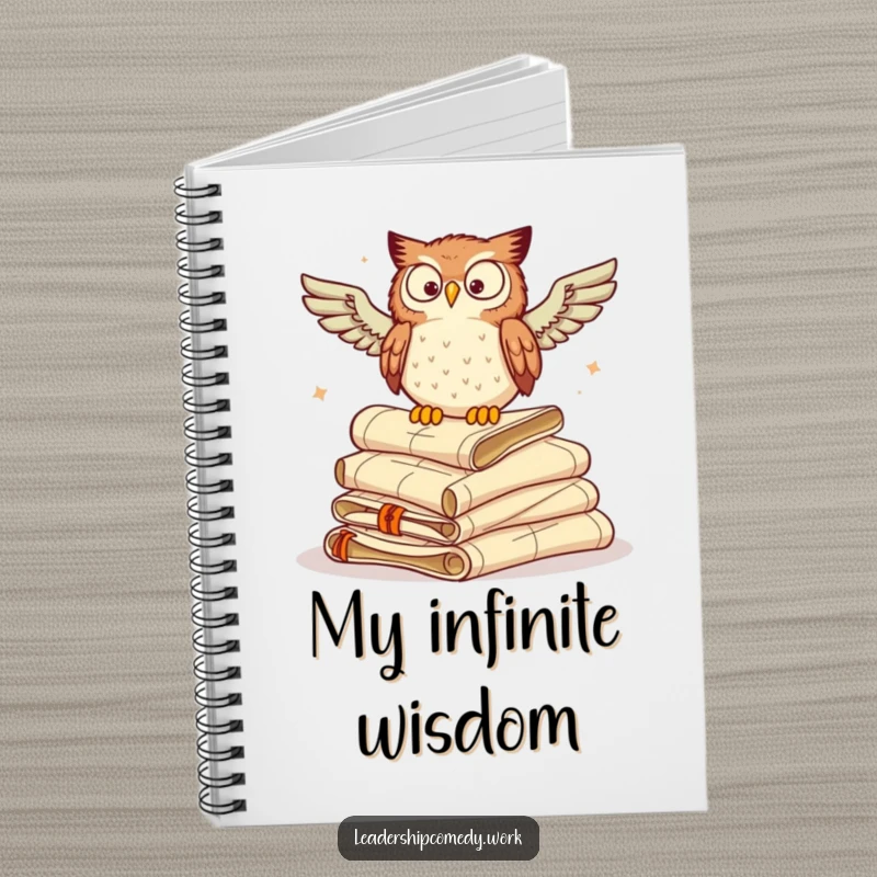 Funny notebook with a wise owl perched on scrolls, great for jotting down wisdom and brilliant ideas.
