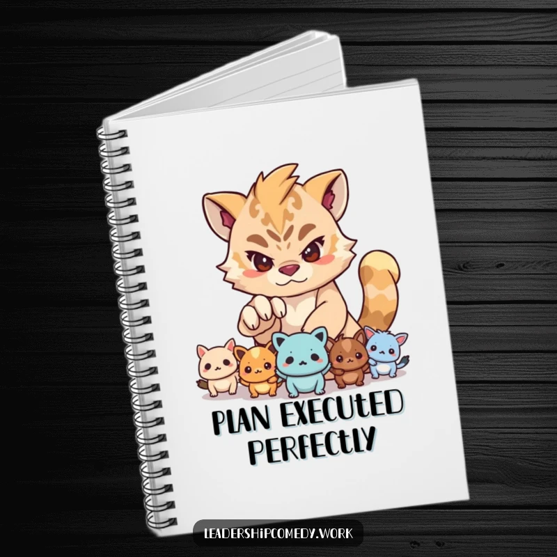 Funny notebook design of a determined creature guiding smaller creatures with its paw, ideal for planning and jotting down leadership ideas.