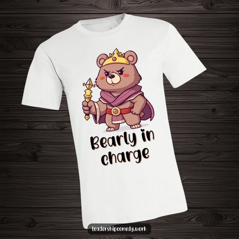 Funny determined bear wearing a crown, holding a scepter, exuding humorous authority.